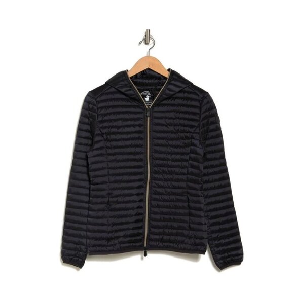 Save The Duck Womens Black Hooded Water Resistant Shiny Puffer Jacket Sz L New - Picture 14 of 15